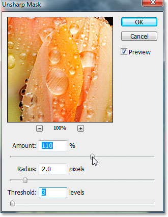 Unsharp Mask dialog box inside Photoshop CS3