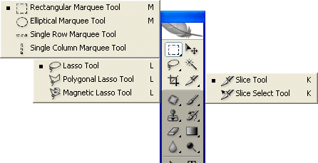 Photoshop's selection tools, including the flyout boxes showing the hidden tools in the palette