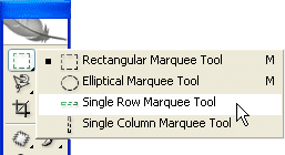 The 'Single Row' and 'Single Column' Marquee Tools hidden by default behind the Rectangular Marquee Tool in the Tools palette