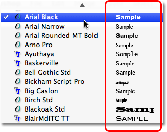 A preview of the font appears in the font selection drop down box in Photoshop. Image © 2008 Photoshop Essentials.com