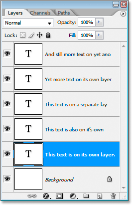 Photoshop's Layers palette showing the Background layer and five text layers above it.