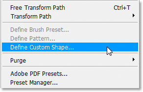 Selecting 'Define Custom Shape' from the 'Edit' menu. Image &copy; 2008 Photoshop Essentials.com.