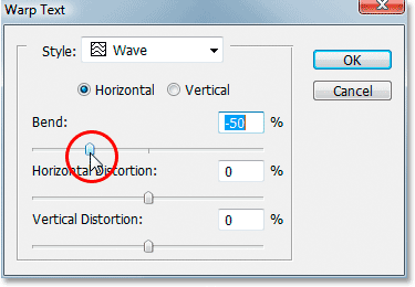 Dragging the 'Bend' option slider to the left to flip the wave horizontally.