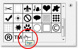 Clicking the saved custom shape to select it. Image &copy; 2008 Photoshop Essentials.com.