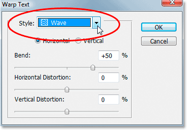 Selecting the 'Wave' text warp style in Photoshop's Warp Text dialog box.