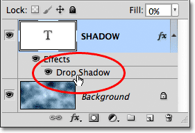Double-clicking on the Drop Shadow effect for the Type layer. Image &copy; 2012 Photoshop Essentials.com.
