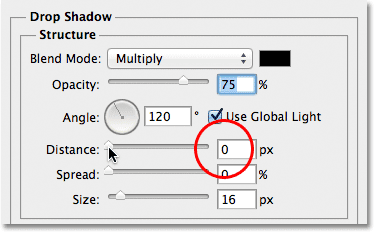 Lowering the Distance of the drop shadow to 0 px. Image &copy; 2012 Photoshop Essentials.com.