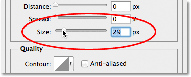Increasing the Size value for the drop shadow in the Layer Styles dialog box. Image &copy; 2012 Photoshop Essentials.com.