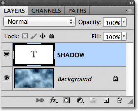 The Layers panel in Photoshop showing the Type layer above the Background layer. Image &copy; 2012 Photoshop Essentials.com.