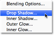 Selecting a Drop Shadow layer style. Image &copy; 2012 Photoshop Essentials.com.