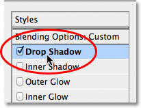 Switching back to the Drop Shadow options in the Layer Styles dialog box. Image &copy; 2012 Photoshop Essentials.com.