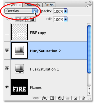 Changing the blend mode of the layer to Overlay. Image © 2009 Photoshop Essentials.com.