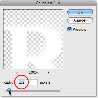 Adjusting the Radius value for the Gaussian Blur filter in Photoshop. Image © 2009 Photoshop Essentials.com.