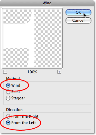 The Wind filter dialog box in Photoshop. Image © 2009 Photoshop Essentials.com.