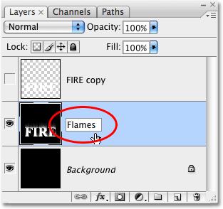 Renaming the layer to 'Flames'. Image © 2009 Photoshop Essentials.com.