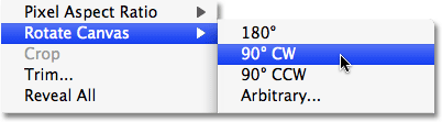 Selecting the 'Rotate Canvas' command in Photoshop. Image © 2009 Photoshop Essentials.com.