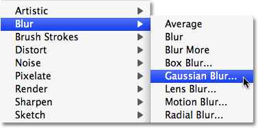 Selecting the Gaussian Blur filter in Photoshop. Image © 2009 Photoshop Essentials.com.