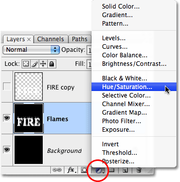 Selecting a Hue/Saturation adjustment layer in Photoshop. Image © 2009 Photoshop Essentials.com.