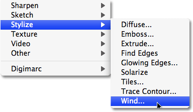 Selecting the Wind filter in Photoshop. Image © 2009 Photoshop Essentials.com.