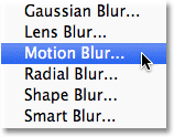 Selecting the Motion Blur filter in Photoshop. Image &copy; 2011 Photoshop Essentials.com.
