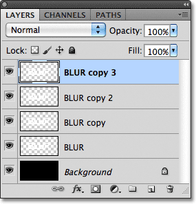 Five layers in the Layers panel. Image &copy; 2011 Photoshop Essentials.com.