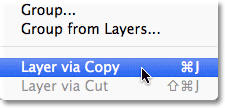 The New Layer via Copy command in Photoshop. Image &copy; 2011 Photoshop Essentials.com.