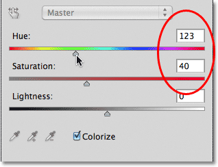 Photoshop Hue/Saturation controls. Image &copy; 2011 Photoshop Essentials.com.
