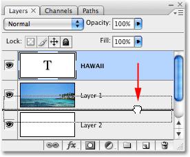 Dragging the type layer down below 'Layer 1' in the Layers palette. Image © 2008 Photoshop Essentials.com.