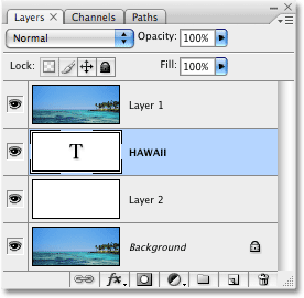 The type layer now appears below 'Layer 1' in the Layers palette.  Image © 2008 Photoshop Essentials.com.