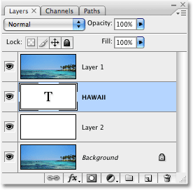 The type layer now appears below 'Layer 1' in the Layers palette. Image © 2008 Photoshop Essentials.com.