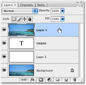 Selecting 'Layer 1' in the Layers palette. Image © 2008 Photoshop Essentials.com.