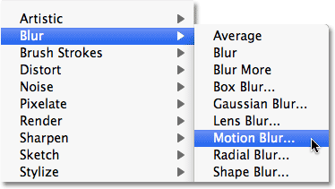 Selecting the Motion Blur filter in Photoshop. Image © 2010 Photoshop Essentials.com.