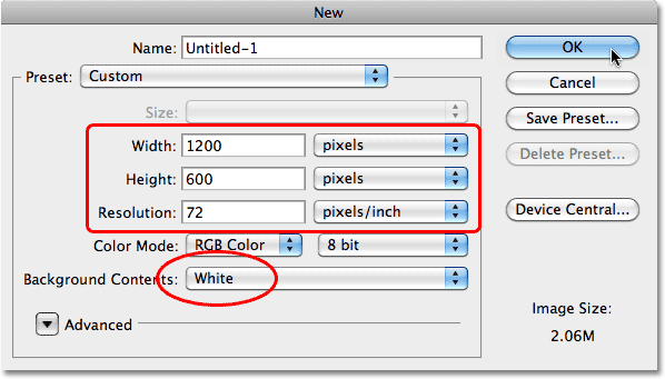 The New Document dialog box in Photoshop. Image © 2010 Photoshop Essentials.com.