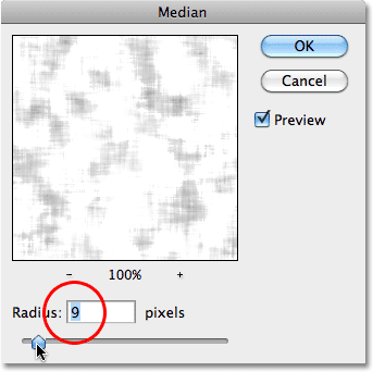 The Median filter dialog box. Image © 2010 Photoshop Essentials.com.