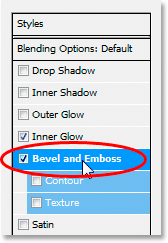 Clicking on the words 'Bevel and Emboss' in the Layer Style dialog box.