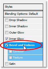 Adobe Photoshop Text Effects: Clicking on the words 'Bevel and 
Emboss' in the Layer Style dialog box.