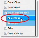 Adobe Photoshop Text Effects: Clicking on the word 'Contour' in 
the Layer Style dialog box.