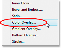 Selecting the 'Color Overlay' layer style.