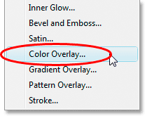 Adobe Photoshop Text Effects: Selecting the 'Color Overlay' layer 
style.