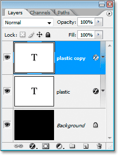 Adobe Photoshop Text Effects: The Layers palette now showing two 
text layers.