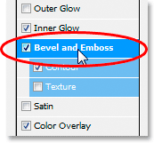 Clicking on the words 'Bevel and Emboss' in the Layer Style dialog box.