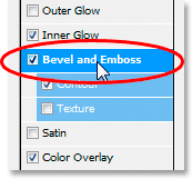 Adobe Photoshop Text Effects: Clicking on the words 'Bevel and 
Emboss' in the Layer Style dialog box.