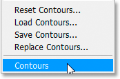 Adobe Photoshop Text Effects: Selecting 'Contours' from the bottom
 of the list.