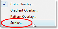 Selecting 'Stroke' from the list of Layer Styles.