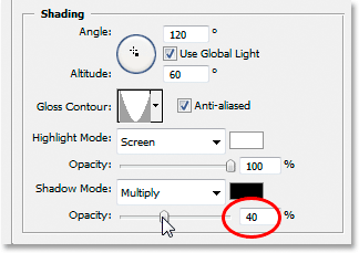 Adobe Photoshop Text Effects: Increasing the Shadow Mode Opacity 
value to 40%.