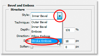 Adobe Photoshop Text Effects: Changing the Style to 'Stroke 
Emboss'.