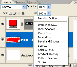 Adobe Photoshop Text Effects: The Layer Styles menu in the Layers Palette
