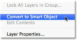 Choosing the Convert to Smart Object command from the Layers panel menu. Image © 2012 Photoshop Essentials.com.