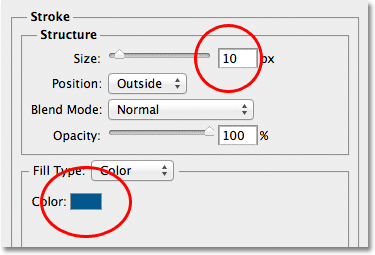 The Stroke options in the Layer Style dialog box in Photoshop. Image © 2012 Photoshop Essentials.com.