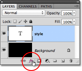 The Layer Styles icon in the Layers panel in Photoshop. Image © 2012 Photoshop Essentials.com.